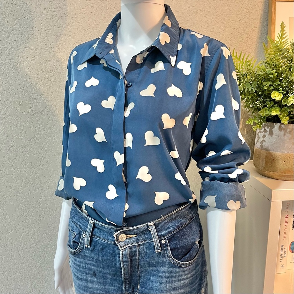 Lauren Conrad Blue Heart Print Button-Up Shirt